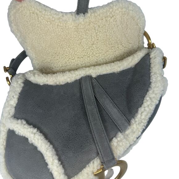 Christian Dior Shearling Saddle Bag Gray Shoulder Purse Suede/Gold CD Rare Auth - Picture 15 of 16